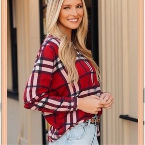 FIRST LOVE Autumn Rust Plaid Knit Long Sleeve Oversized Light Sweater Top